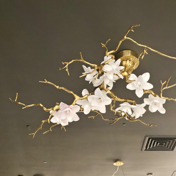 Italian Light Luxury Restaurant Full Copper Branch Pendant, Postmodern Art Glass Peach Blossom Villa Living Room Tea Room Lighting - Image 4