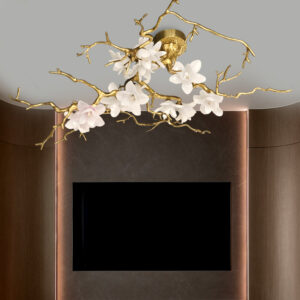 Italian Light Luxury Restaurant Full Copper Branch Pendant, Postmodern Art Glass Peach Blossom Villa Living Room Tea Room Lighting