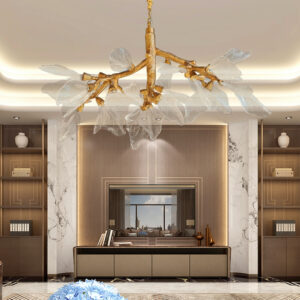 Modern New Chinese style Villa Living Room Full Copper Branch Pendant Light Luxury French Hotel Restaurant Platinum Crystal Large Leaf Lamp