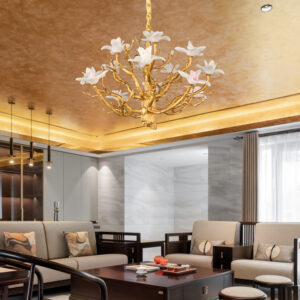 Chinese style hotel restaurant brass branch chandelier crystal leaf villa living room lighting