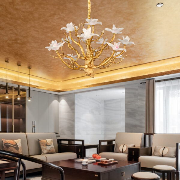 Chinese style hotel restaurant brass branch chandelier crystal leaf villa living room lighting