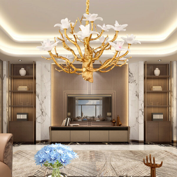 Chinese style hotel restaurant brass branch chandelier crystal leaf villa living room lighting - Image 3