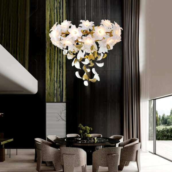 Zen inspired new Chinese style empty living room full copper chandelier light luxury style French duplex living room glass flower lighting fixtures