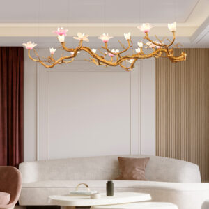 New Chinese style brass tree branch long chandelier crystal flower duplex building lighting