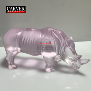 Pink rhino sculpture made of lost wax crystal glass