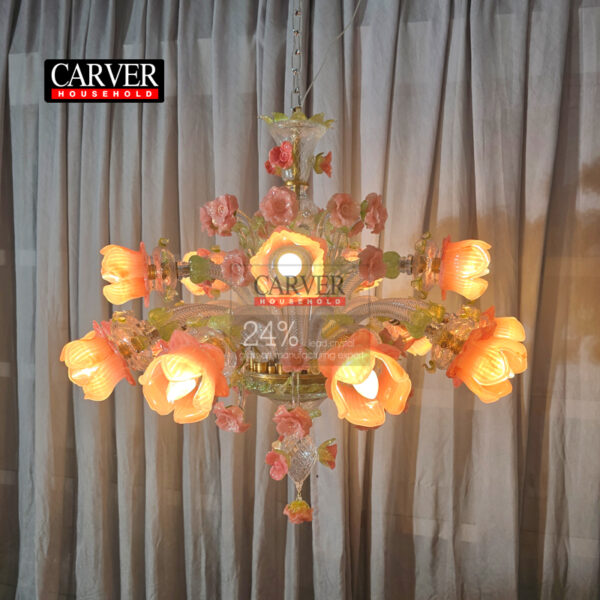 Fully handmade Murano style glass chandelier decorated with pink flowers crystal chandelier 15L