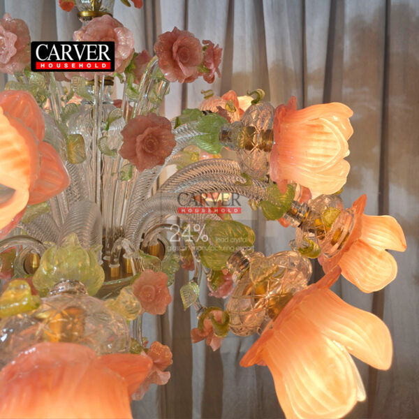 Fully handmade Murano style glass chandelier decorated with pink flowers crystal chandelier 15L