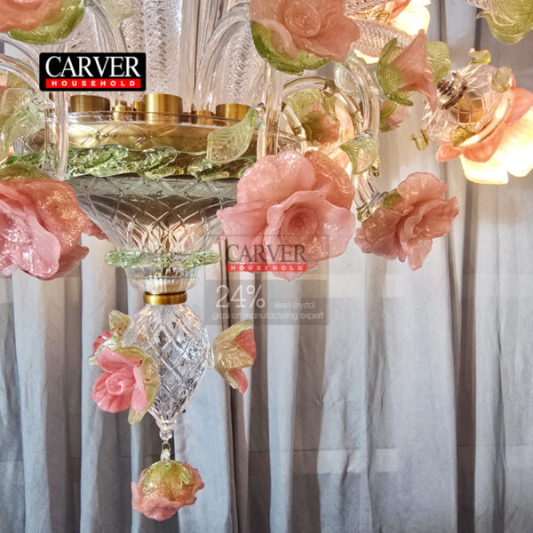 Fully handmade Murano style glass chandelier decorated with pink flowers crystal chandelier 15L