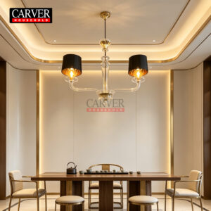 Light luxury French hotel restaurant kitchen island crystal chandelier, mid-island table amber Murano glass chandelier