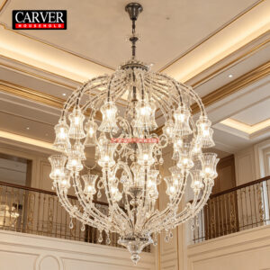 Luxurious Italian duplex with a hollow living room featuring a crystal chandelier, hotel showroom, hotel apartment, handmade Murano glass lighting fixtures