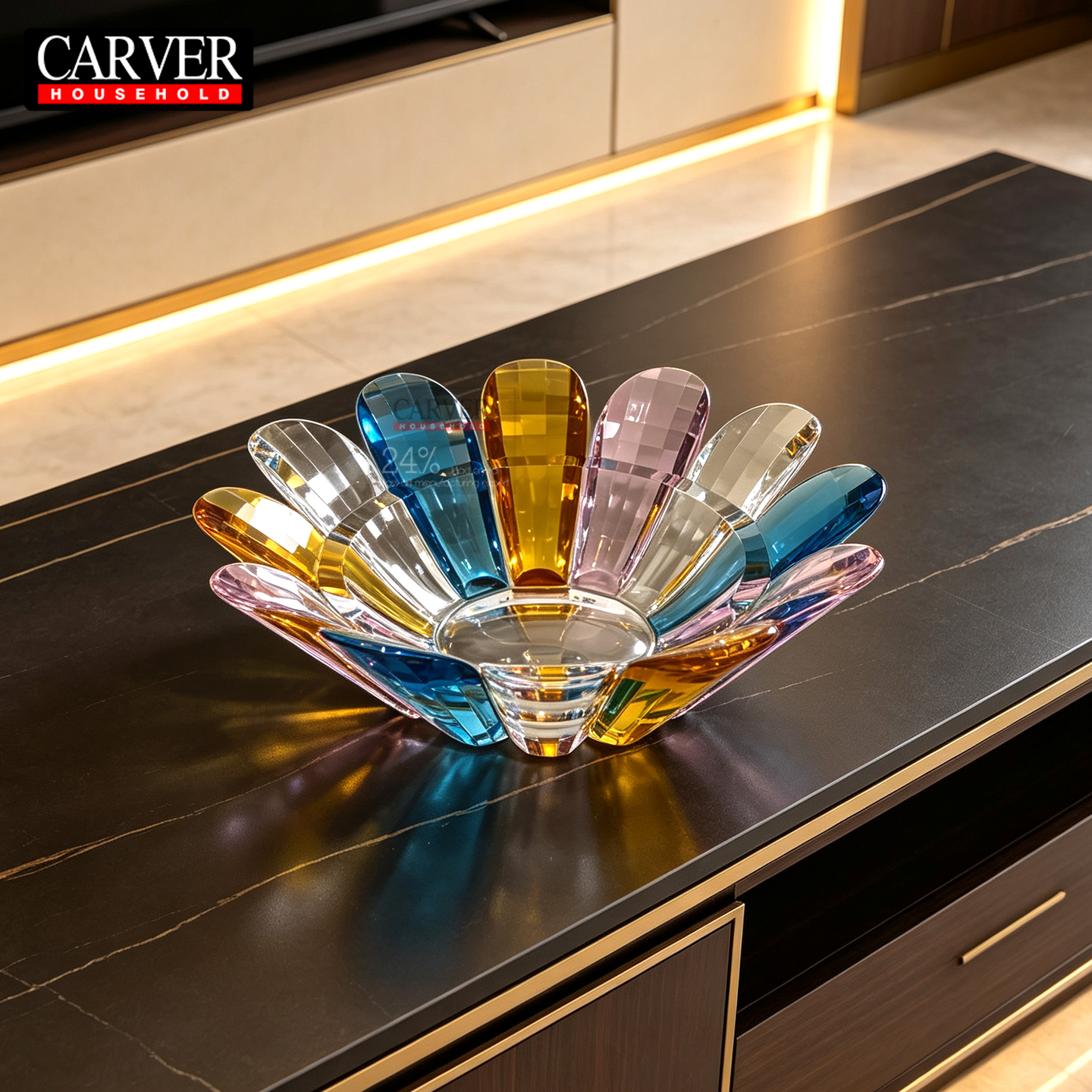 Crystal fruit plate on coffee table in modern villa living room; fruit tray on dining table in hotel wedding banquet hall or restaurant. - Image 6